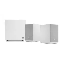 Audio Pro A28 W i vitt med SW-5, aktivt 2.1 högtalarpaket
