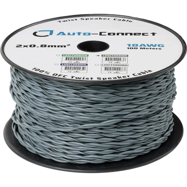 Auto-Connect tvinnad högtalarkabel 2x0.8mm² grå, pris per meter