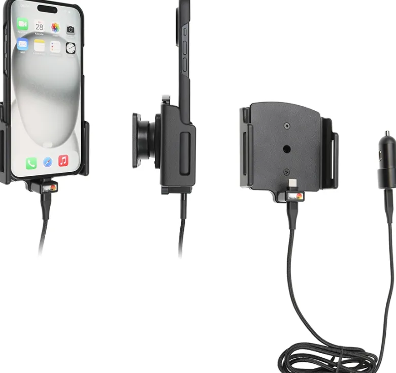 Brodit Aktiv hållare med USB-kabel och cigg-adapter, Apple iPhone 15 Plus/15 Pro Max/16 Plus/16 Pro Max