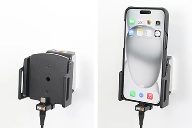 Brodit Aktiv hållare med USB-kabel och cigg-adapter, Apple iPhone 15 Plus/15 Pro Max/16 Plus/16 Pro Max