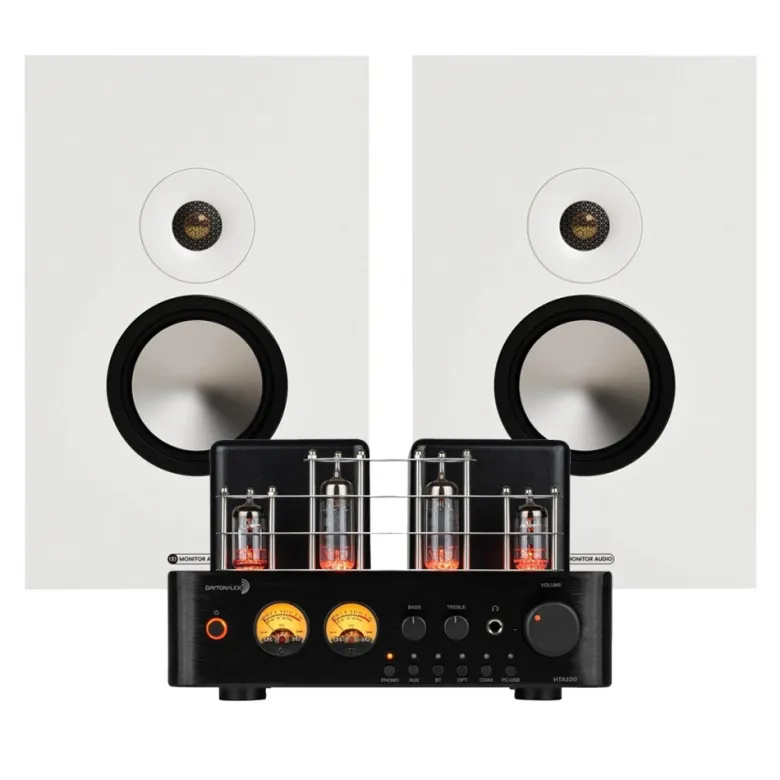 Dayton Audio HTA100 med Monitor Audio Bronze On-Wall 7G i vitt, stereopaket
