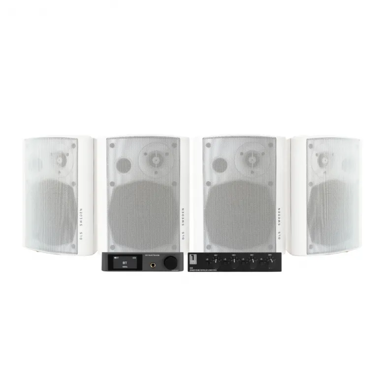 Dynavoice CA802BT med SC4B & 2 par DLS MB5i utomhushögtalare, vit