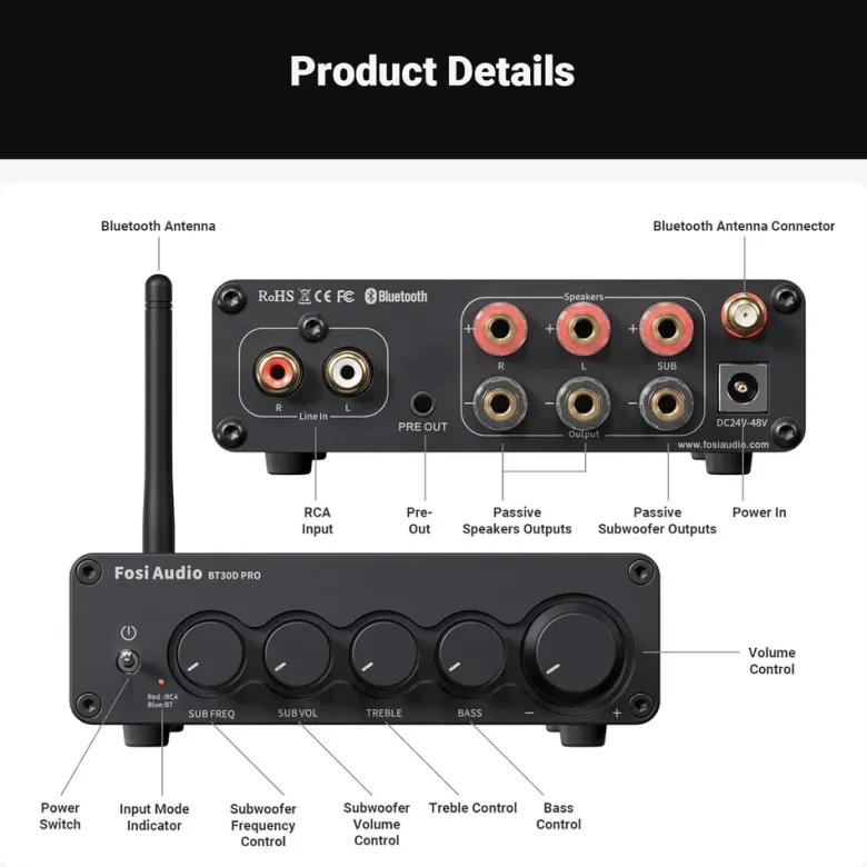 Fosi Audio BT30D, stereoförstärkare med Bluetooth & 48V nätdel