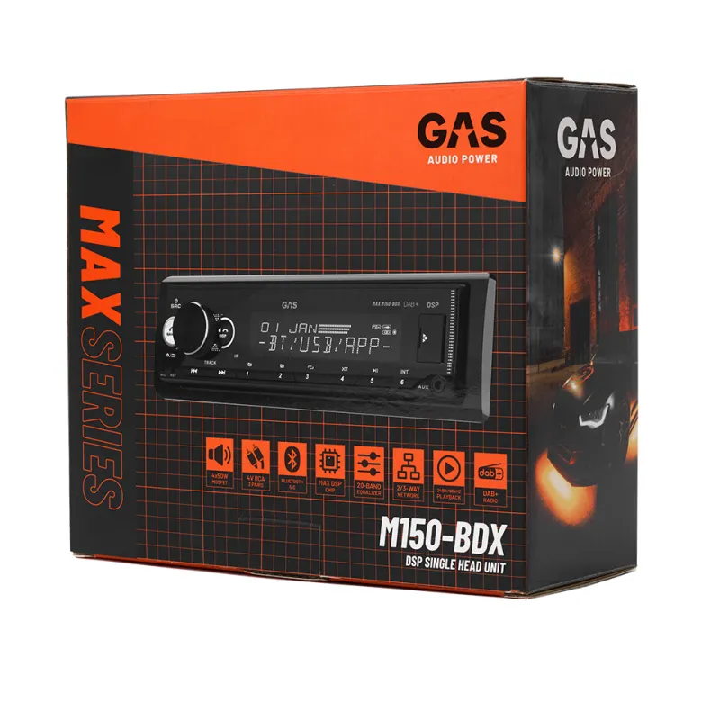 GAS MAX M150-BDX bilstereo med Bluetooth, DAB, 32-bit DSP och 3 par (4V) lågnivå