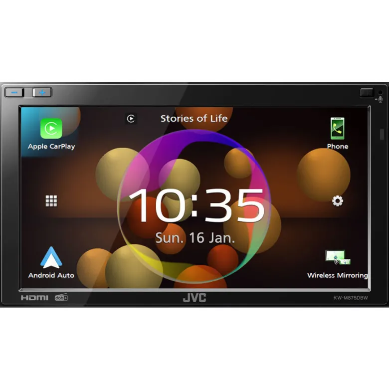 JVC KW-M875DBW, bilstereo med CarPlay, Bluetooth och 3 par (5V) lågnivå