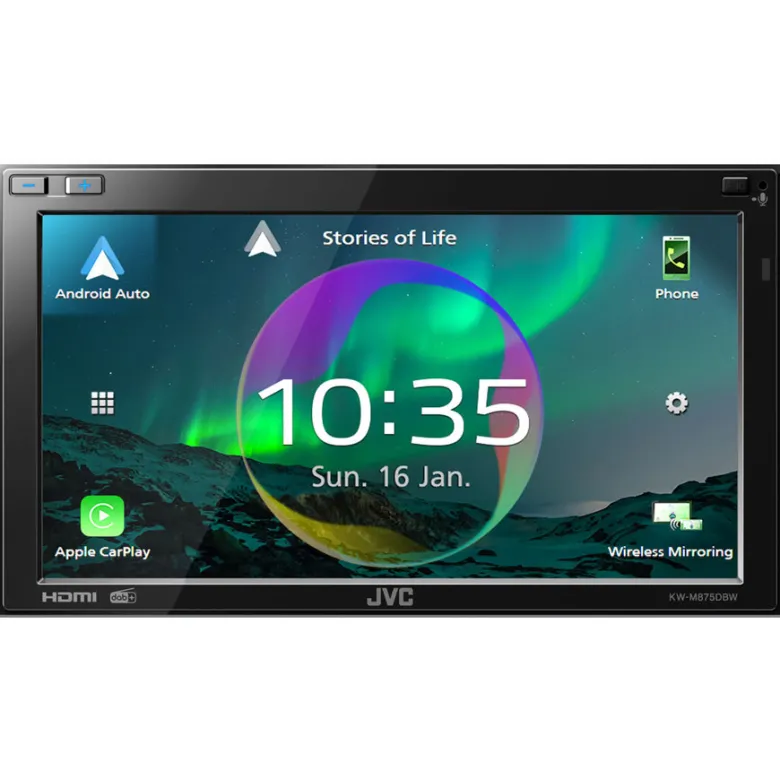 JVC KW-M875DBW, bilstereo med CarPlay, Bluetooth och 3 par (5V) lågnivå