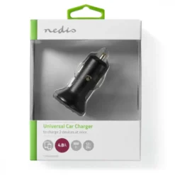 Nedis billaddare, 2.4A, 2x USB-A utgångar, svart
