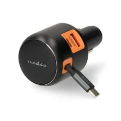 Nedis billaddare med utdragbar USB-C kabel och USB-A/C-utgångar