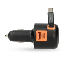 Nedis billaddare med utdragbar USB-C kabel och USB-A/C-utgångar