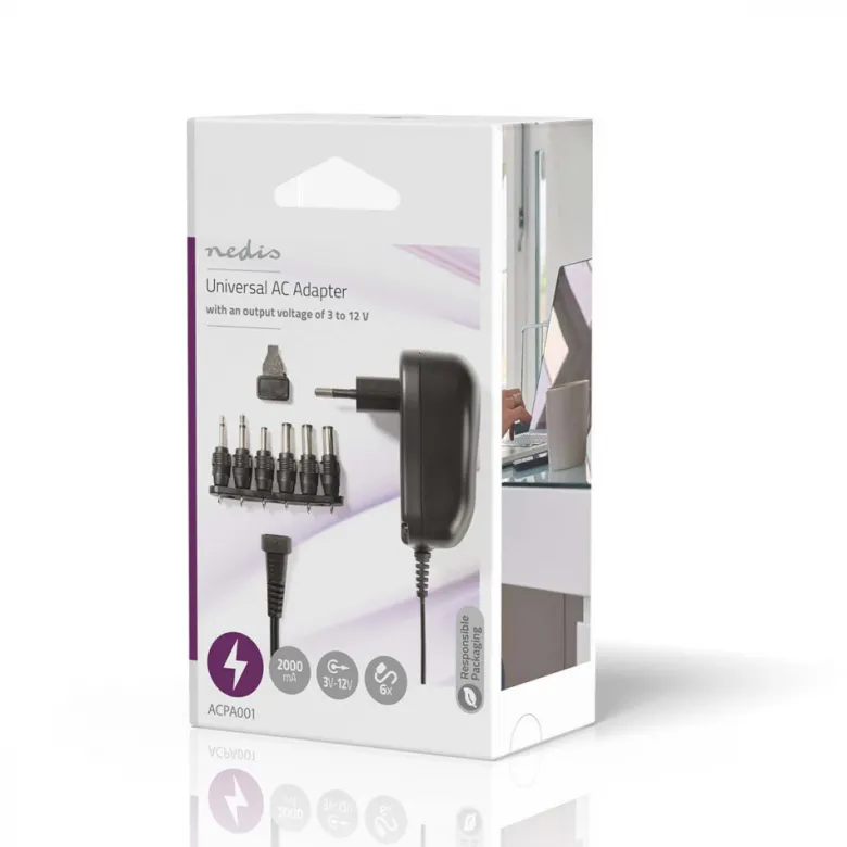Nedis universal nätadapter, 6 st. kontaktstycken, 3-12V DC / 2.0A