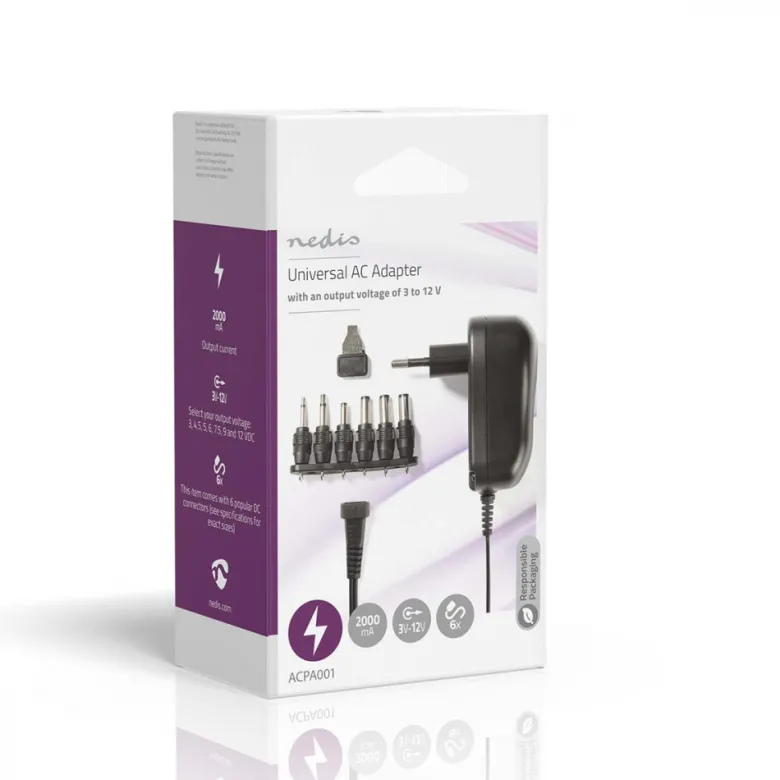 Nedis universal nätadapter, 6 st. kontaktstycken, 3-12V DC / 2.0A