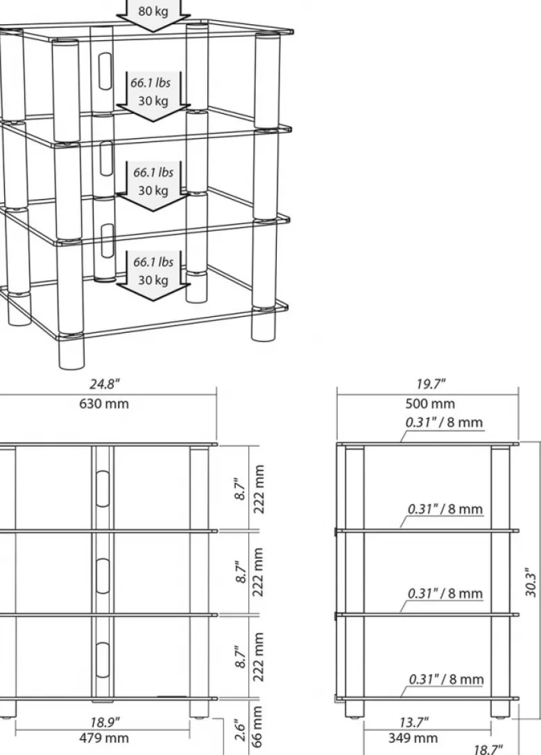 Norstone Epur 4, svart hifi-rack med svarta glashyllor