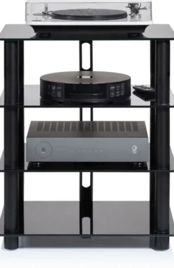 Norstone Epur 4, svart hifi-rack med svarta glashyllor