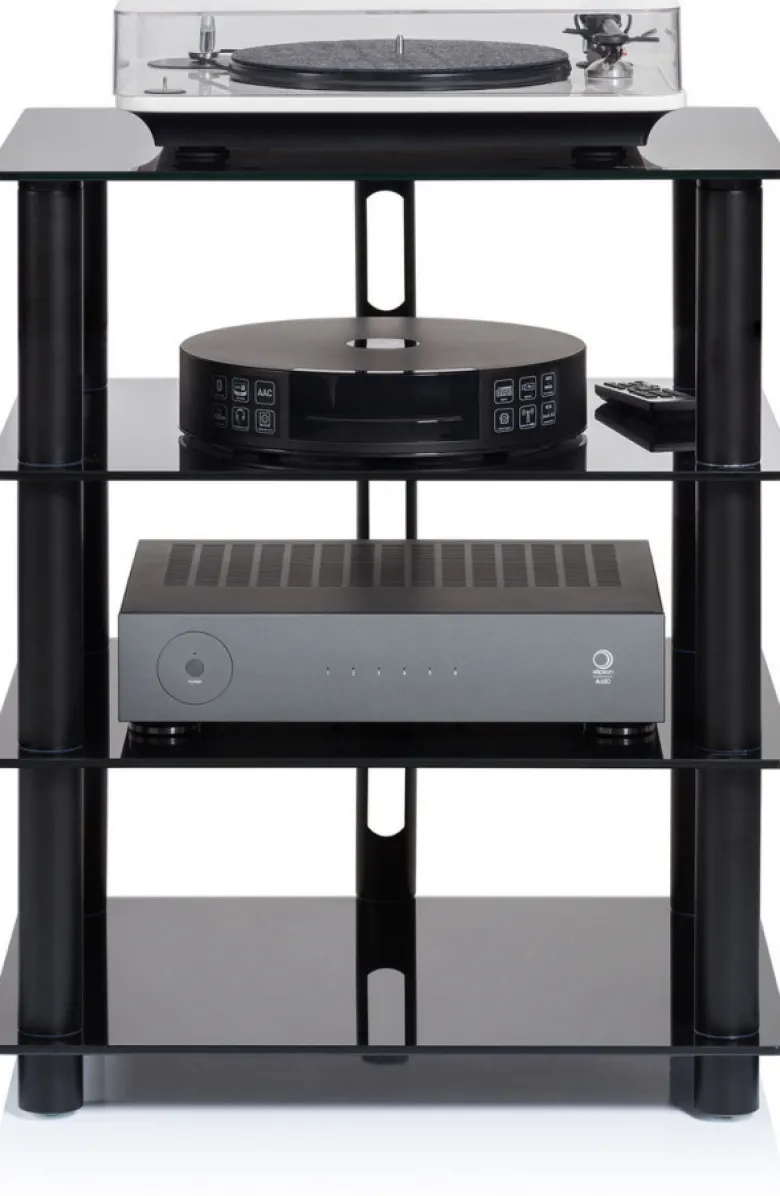 Norstone Epur 4, svart hifi-rack med svarta glashyllor