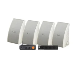 4-pack Yamaha NS-AW392 i vitt med Fosi Audio BT20A Max och högtalarväxel, utomhuspaket